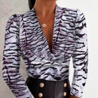 Ladies Long Sleeve V Neck Tiger Print Shirt