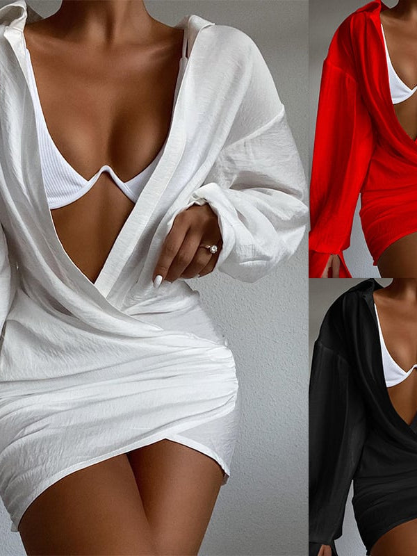 Deep V-neck Solid Color Long Sleeve Mini Dress