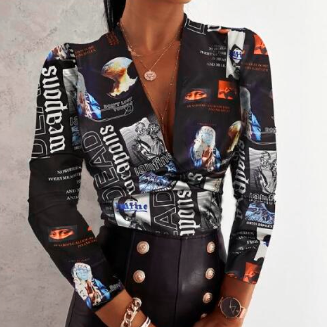 Ladies Long Sleeve V Neck Tiger Print Shirt