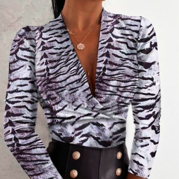 Ladies Long Sleeve V Neck Tiger Print Shirt