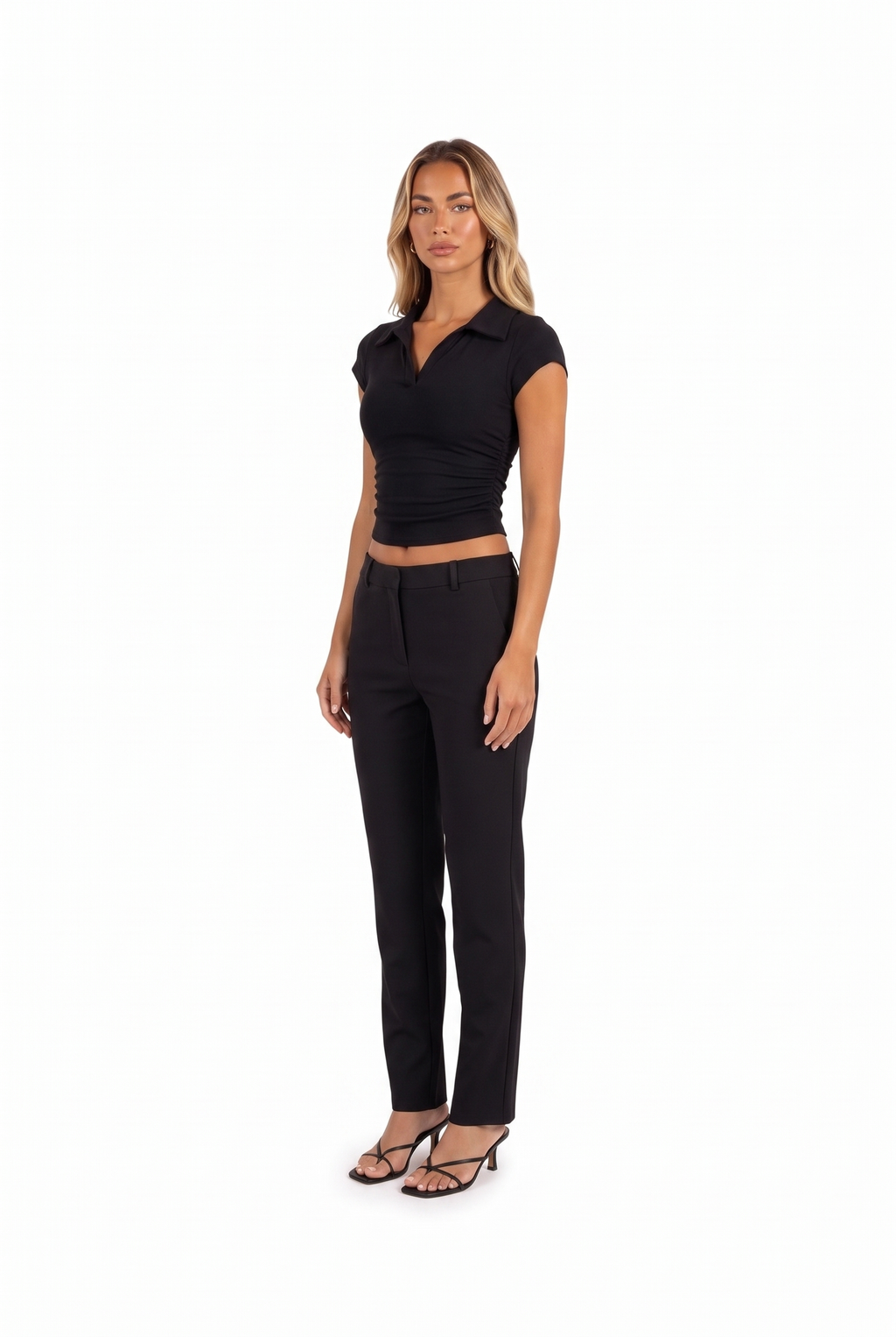 Black polo-collar ruched crop top — three-quarter