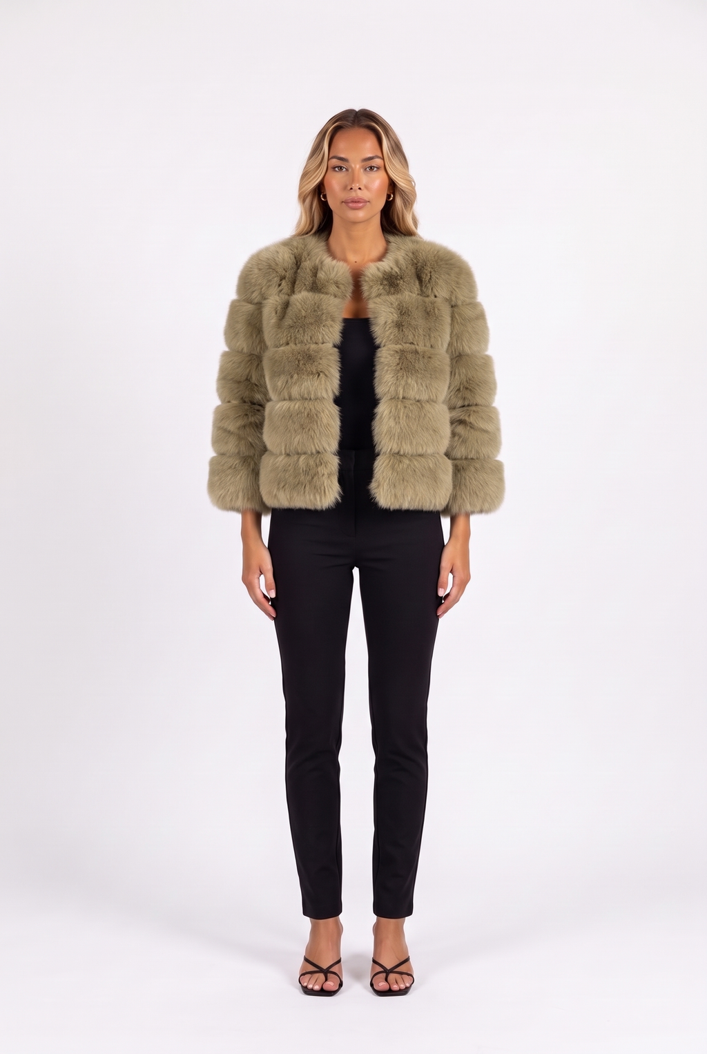Khaki cropped faux fur jacket with three-quarter sleeves — front